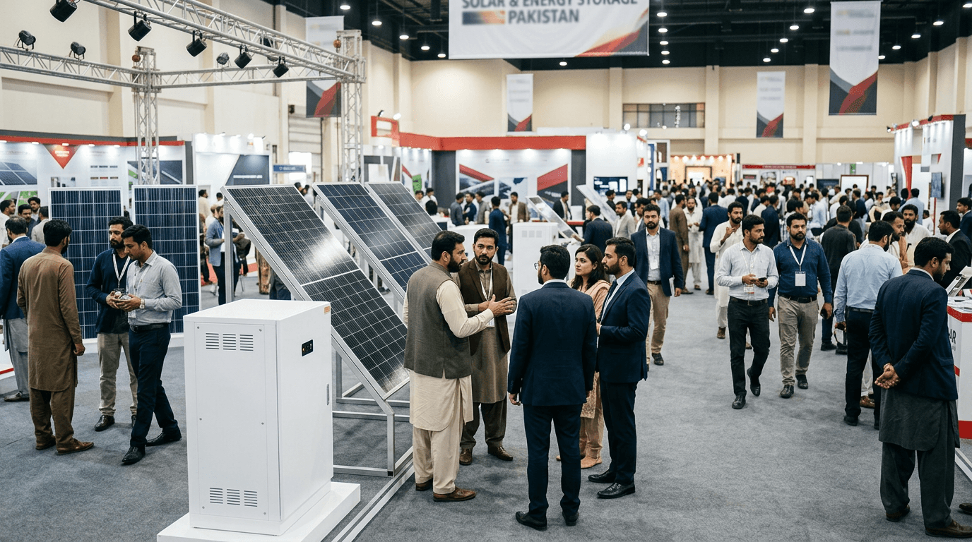 Illustrative solar and battery storage displays at a Pakistani exhibition